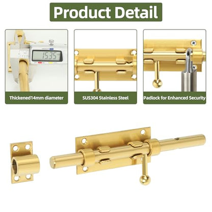 Alise Slide Lock SUS304 Stainless Steel Gate Latch, Slide Bolt Latch,Thickened Heavy Door Latch Lock,8 Inch Black Barrel Bolt Latch, Security Slide Latch Lock Gold - color: Gold, size: 8 Inch (Regular)