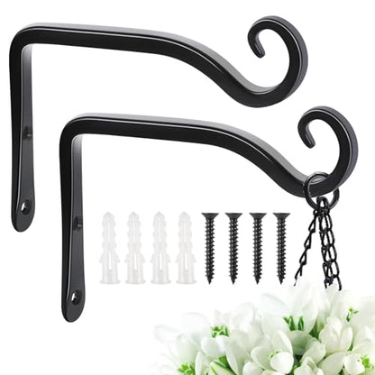 FEED GARDEN Heavy Duty Plant Hooks - 2 Pack 6 Inch Wall Mounted Hanging Brackets, 44lb Capacity Steel Plant Hangers for Bird Feeders, Baskets, Wind Chimes - Black - color: Black-L, size: 6 Inch