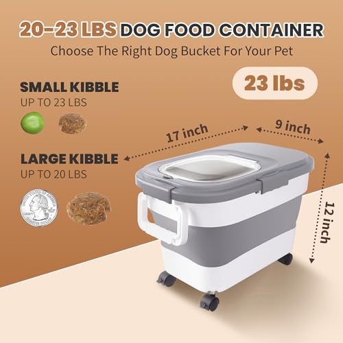 15-23 Lbs Airtight Dog Food Storage Container,Collapsible Dog Food Container with Lid,Wheels,Handle,Large Cat food storage Container with Scoop,Small Food Container for Dog Cat - color: Grey/23 LBS