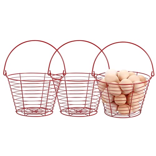 3 PCS 8" Red Round Wire Egg Baskets for Fresh Egg With Handle, Small Metal Collecting Basket for Gathering Fresh Eggs, Chicken and Duck Eggs Hunting Basket Egg-Holder Countertop - style: Round-3 Pack,Red