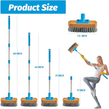 YONILL Stainless Steel Deck Scrub Brush with Long Handle - 60" Heavy Duty Floor Scrubber Brush with Pole, Moss Remover Wire Cleaning Brushes for Rough Surface, Concrete Floor, Patio, Garden, Garage - color: Blue