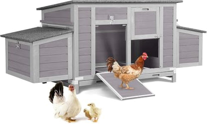 Chicken Coop, Outdoor Hen House Poultry Cage with Nesting Box, Leakproof Pull Out Tray and UV-Resistant Roof (67" L x 25" W x 28" H) - color: Grey, size: 63"L x 27"W x 39.4"H
