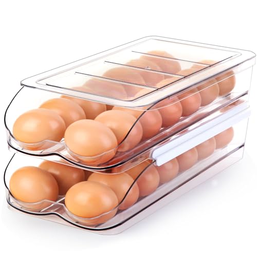 RoskDeewat Egg Holder for Fridge, Automatic Rolling Egg Container for Refrigerator, Stackable Fridge Organizers and Storage with Lid, Clear Plastic Egg Dispenser & Tray (2 Tier) - size: 2 Tiers Holder 28 Eggs