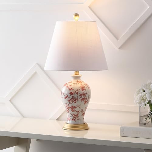 JONATHAN Y 24" White/Red French Country Ceramic Floral Urn Table Lamp, White Linen Shade, Chinoiserie Ginger Jar Bedside Lamp for Living Room Bedroom, LED Bulb (JYL3009C) - color: White/Red