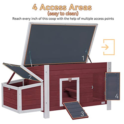 Petsfit Large Chicken Coop with Upgraded Perches, Wooden Outdoor Chicken Cage with Large Nesting Box, Weatherproof Open Asphalt Roof, and Removable Bottom for Easy Cleaning - color: Red