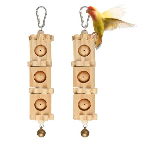 2Pcs Parrot Chewing Toys, Wooden Block Boredom Relief Hanging Toy with Metal Hook for Bird Cage, Rabbit Chinchilla Guinea Pig Chew Treat - color: Primary color + primary color
