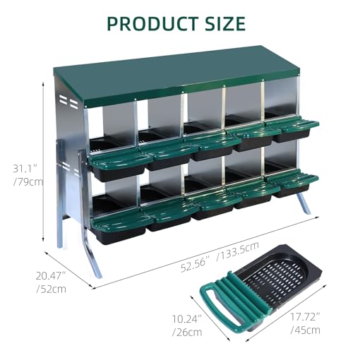 Chicken Nesting Boxes with Cleanable Pull-Out Trays - 10 Hole Metal Rollaway Nest Box for Laying Hens, Wall Mount or Placed Design for Easy Egg Collection & Cleaning