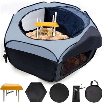 Brooder Box for Chick Starter Kit, Baby Chicken Brooder Pen/Playpen/Tent Pop-Up, Perch Up to 17 Chicks, Kit with Adjustable Heating Plate, Storage Bag, Top Cover, Fixed Pegs, Waterproof Mat, Blue