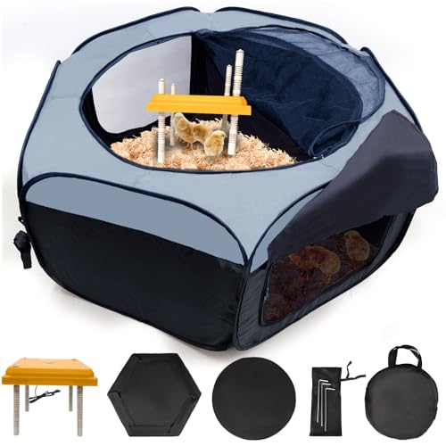 Brooder Box for Chick Starter Kit, Baby Chicken Brooder Pen/Playpen/Tent Pop-Up, Perch Up to 17 Chicks, Kit with Adjustable Heating Plate, Storage Bag, Top Cover, Fixed Pegs, Waterproof Mat, Blue