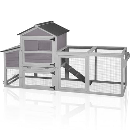 Aivituvin Large Chicken Coop with Wheels, Outdoor Hen House Mobile Poultry Cage with Run, Weatherproof Asphalt Roof, Sectionable Nesting Box, Leakproof Pull-Out Tray for 4-6 Chickens - Grey - size: 80.7"L x 22.0"W x 44.1"H