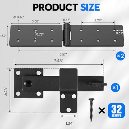 Fence Gate Hinges and Latch Set Heavy Duty -Black 270 Degree Strap Hinge & Adjustable Latch Kit for Outdoor,Garden,Backyard,Barn,Shed Wood Doors -Rust-Resistant Farm Gate Hardware with Screws