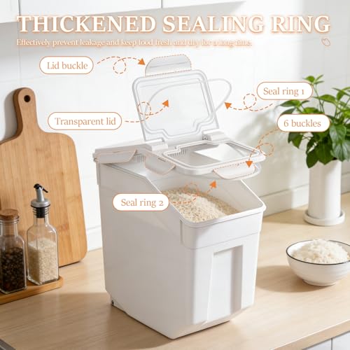 55 lbs Wheeled Airtight Storage Bin, Large Silicone Seal Dry Organizer, Leakproof Holder for Grain, Rice, Flour, Pet Supplies, Kitchen & Pantry Use White - color: White