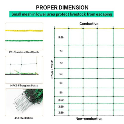Electric Poultry Netting, 49.6" H x 164' L, Electric Chicken Fence with 14 Posts Double Spiked, Utility Portable Mesh for Chickens Sheep Hogs Goats Deer Dogs Lambs Used in Backyards Farms Ranches