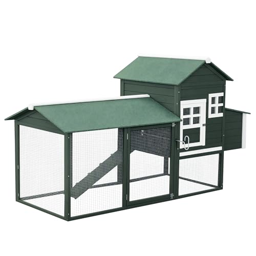 PawHut 84" Wooden Chicken Coop, Hen House Outdoor with Run Nesting Box, Asphalt Roof, Removable Tray, Ramp, Poultry Cage for 2-3 Chickens, Green - color: Green