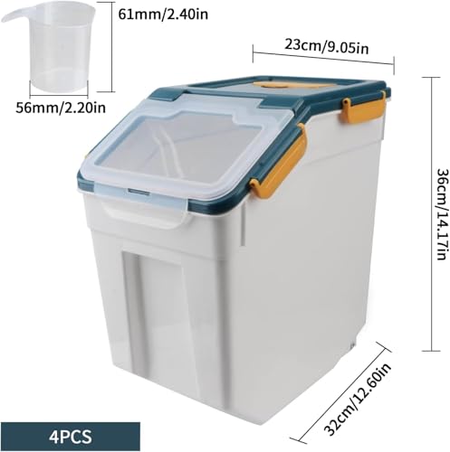 4 Pack Grain Food Storage Container, 20LB Airtight Rice Bin Storage Bucket with Spoon and Measuring Cup, Large Flour Dispenser Container Set 80LB Total Capacity - color: Blue