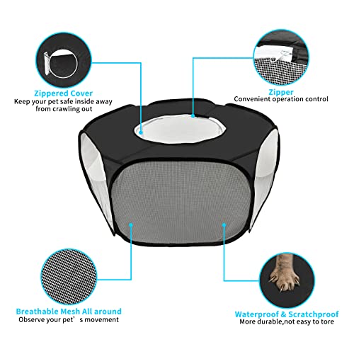 Guinea Pig Playpen, Waterproof Small Animals Playpen with Anti Escape Cover Portable Cat Playpen Breathable Indoor/Outdoor Yard Exercise Cage Tent for Hamster Puppy Chinchillas Rabbits(Black)