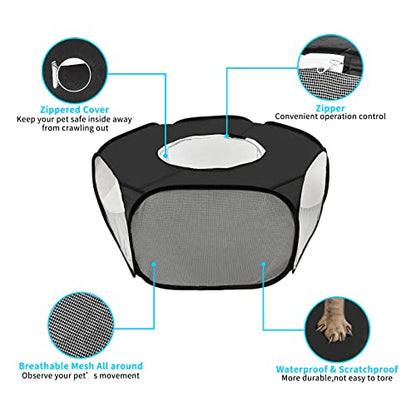 Guinea Pig Playpen, Waterproof Small Animals Playpen with Anti Escape Cover Portable Cat Playpen Breathable Indoor/Outdoor Yard Exercise Cage Tent for Hamster Puppy Chinchillas Rabbits(Black)