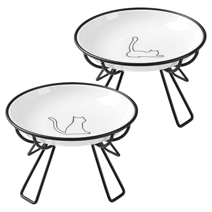Ceramic Elevated Cat Bowls - Whisker Friendly, Anti-Vomiting, Stylish & Hygienic Cat Bowl Set (Line Cat, 2 Pack) - color: line cat, size: raised dish,2 pack