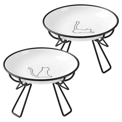 Ceramic Elevated Cat Bowls - Whisker Friendly, Anti-Vomiting, Stylish & Hygienic Cat Bowl Set (Line Cat, 2 Pack) - color: line cat, size: raised dish,2 pack
