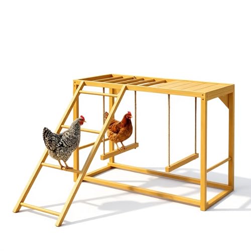 Wooden Chicken Activity Center with Ladder, Swings, and Perches, Fir Wood, 39.25" x 43.25" x 27.5", Yellow