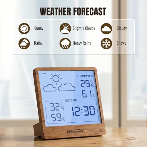 Raddy WF-50T Indoor Outdoor Thermometer Hygrometer Wireless Weather Station, Battery Powered Temperature & Humidity Monitor with 5.0’’ Display, Weather Forecast, Wireless Remote Sensor, Dark Wood