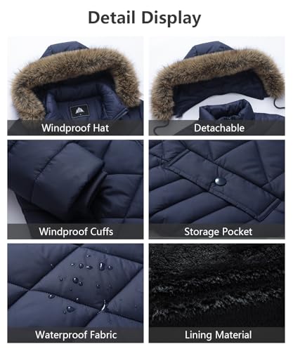 Women's Long Warm Winter Coat Windproof Thickened Fleece Lined Down Jacket Waterproof Puffer Outerwear with Removable Hood - color: Navy, size: Small