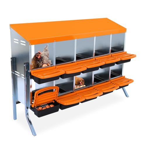 Chicken Nesting Box, 10 Compartment Roll Away Design for High-Volume Egg Collection and Easy Wall Mounting with Metal Legs - color: Orange, size: 10 holes with legs