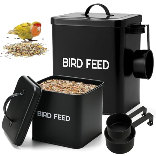 Reallnaive 2 Pcs Metal Bird Seed Container with Scoop, Bird Feed Storage Container with Fitted Lid, Farmhouse Style Ideal Gift for Birds and Pet Owners(Black) - color: Black