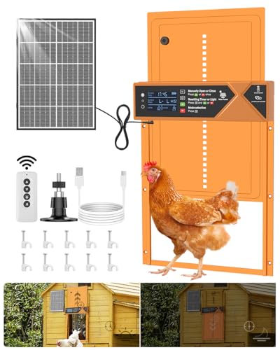 Large Automatic Chicken Coop Door, 4000mAh High Capacity Chicken Coop Door 7W Solar Powered with Timer & Light Sensor, Anti-Pinch Auto-Aluminum Chicken Door with Wire Clip & Remote Control-Orange - color: Orange