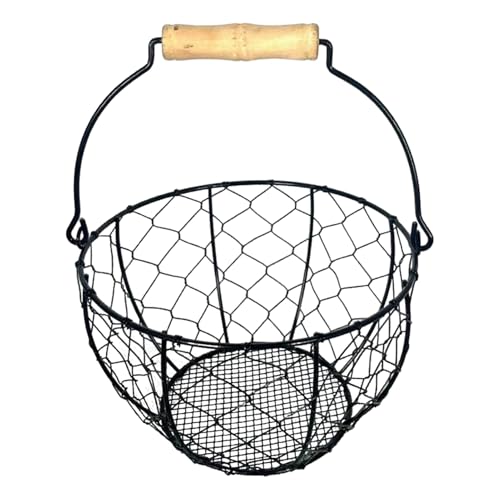 Farmhouse Wire Egg Basket For Gathering Fresh Eggs Iron Wire Storage Organizer With Handle Chicken Egg Collecting Basket Countertop Container Fruit Bin - color: Black