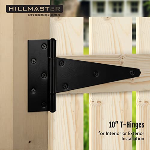 HILLMASTER 10 Inch T-Strap Heavy Duty Shed Door Hinges Gate Strap Hinges Black Tee Hinge Wrought Hardware for Wooden Fences,Yard,Barn Door,Rustproof (6 Pack) - size: 10in 6Pack