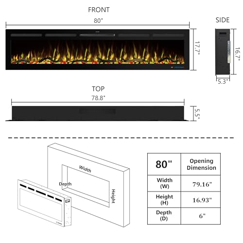80" WiFi Electric Fireplace Inserts, Recessed and Wall Mounted Fireplace Heater W/Adjustable Flame Color & Brightness, Thermostat, 9H Timer, App and Remote Control, 750/1500W - size: 80" WiFi