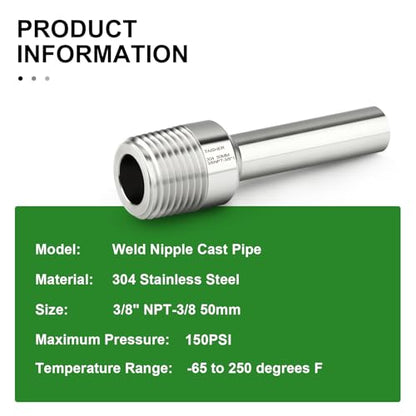 TAISHER 5PCS 304 Stainless Steel Pipe Fittings, 3/8" NPT Male Threaded, 2" Length Weld Nipple Cast Pipe - size: 3/8" NPT x 3/8" OD(2" Length)