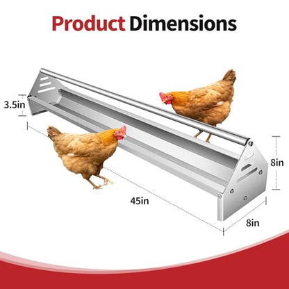 RYFT Chicken Feeding Trough 45", Heavy Duty Galvanized Steel Chicken Feeder with Crossbar, Holds 12 Chickens with Drainage Holes, Large Capacity Poultry Feeder Trough for Duck Geese Turkey Pigeon