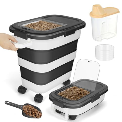 Dog Food Storage Container, 25Lbs Large Collapsible Pet Cat Food Container with Airtight Lids Wheels Handle Scoop Measuring Cup Small Container, Rice Kitchen Dry Food Storage Dispenser Bin (Black)