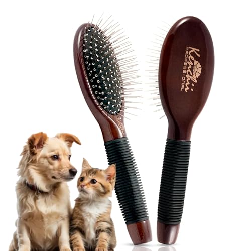 Kenchii Pet Grooming Metal Pin Brush for Dogs and Cats, Solid Wood Handle, Non Slip Grip, Detangling and Shedding Brush for Long or Short Haired Pets, Size Small - size: Small