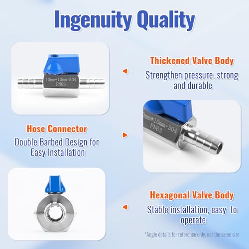 3/8" Hose ID Barb Ball Valve, 304 Stainless Steel Dual 10mm Barb Mini Heater Hose Shut Off Valve with Clamps for Fuel, Gas & Water Lines - size: 3/8 Inch
