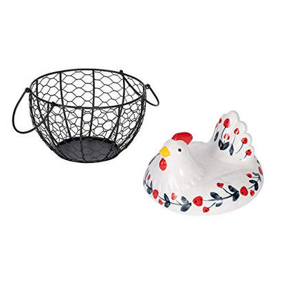Chicken Design Ceramic Egg Storage Basket Iron Basket Holds 20-25 Eggs, Egg Holder, Organizer Case, Container Egg Basket Holder - color: cherry with black basket