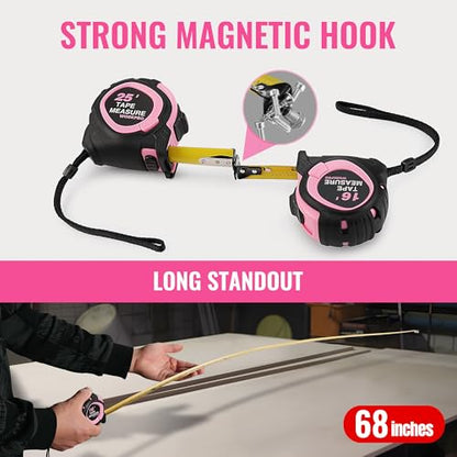WORKPRO 16-FT Tape Measure with Fractions, 3 Brakes Retractable Measuring Tape, Compact Measurement Tape with Magnetic Hook, Nylon Coating Blade Accuracy 1/32”, Pink - style: 16-FT