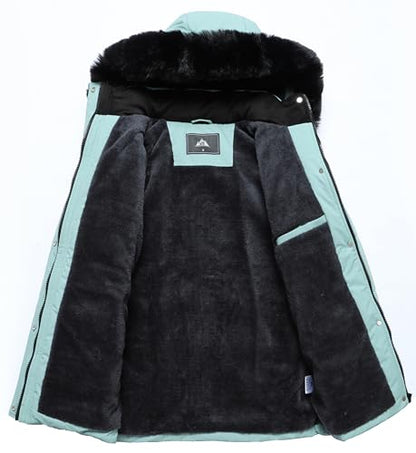 MOERDENG Women's Warm Winter Puffer Coat Thicken Fleece Lined Down Jacket Faux Fur Detachable Hood Snow Parka - color: Pea Green, size: Small