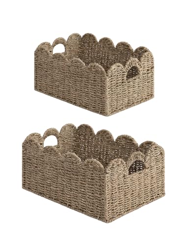 StorageWorks Scalloped Wicker Basket, Woven Baskets for Storage, Rattan Baskets with Handles, Seagrass Basket for Organizing and Decor, 2 Pack - color: Natural(Seagrass), size: 15" L x 11" W x 7" H