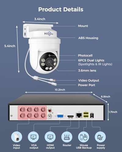Hiseeu 3K PTZ Wired Security Camera System Outdoor with Audio | Color Night Vision,8 x 5MP IP67 CCTV Cameras,5MP DVR 8CH,1TB HDD,360°Coverage,Person/Vehicle Detection,Alarm Spotlight - color: White 8 CH