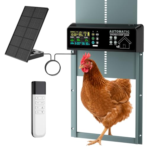 Solar Powered Automatic Chicken Coop Door with 6 Modes, Smart Anti-Pinch, Color LCD Display, All-Weather Operation, Aluminum Auto Chicken Door with Programmable Remote Control (Light Blue)