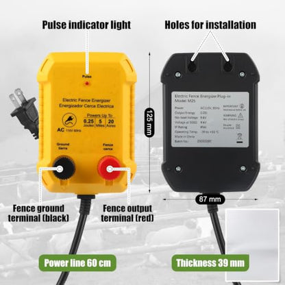 MorningRo Electric Wire Fence Kit, 7 Mile 110VAC 0.35 J Plug in Fence Charger with 3366 FT Polywire, 40 T Post Insulators, 20 Screw in Insulators for Pasture Farm Horse Cattle Poultry Fencing - size: 3366FT, style: 0.35J