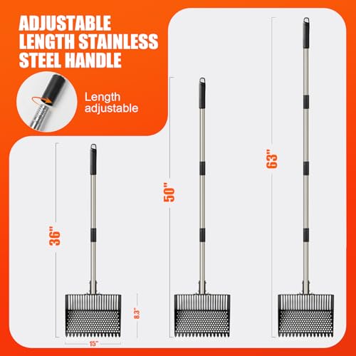 Chicken Poop Scooper,15-INCH Adjustable Angle Chicken Coop Scoop,3-in-1 Sand Rake with Stainless Steel Handle(36"-65"),Chicken Coop Accessories Cleaning Tool for Farm Animals - size: 63.0"L x 15.0"W x 8.3"H