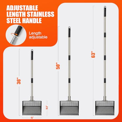 Chicken Poop Scooper,15-INCH Adjustable Angle Chicken Coop Scoop,3-in-1 Sand Rake with Stainless Steel Handle(36"-65"),Chicken Coop Accessories Cleaning Tool for Farm Animals - size: 63.0"L x 15.0"W x 8.3"H
