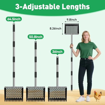 MYPIN 64.5 Inch Chicken Poop Scooper & Rake,for Chicken Pooper Small Farm Animal, with Adjustable Stainless Steel Handle, Ergonomic Grip, Cat Litter Scooper Sand Sifting Shovel