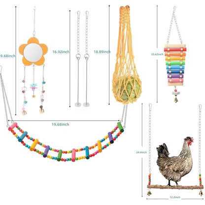 7Pack Chewing Foraging Toy for Chicken Coop Accessories Xylophone Swing Ladder Bridge Mirror Wooden Hanging Feeder Bell Toys Playing Training Toys for Budgerigar Parakeet Hens Birds Cockatiel Mynah