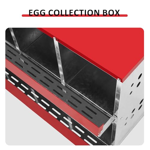 Chicken Nesting Boxes for Laying Eggs, 2-Tier 6 Compartment Roll Out Ducks Poultry Hens Nest Box with Lid Cover, Rolling Egg Collection Protection Chicken Coop for 6 Up to 24 Chickens, Silver and Red