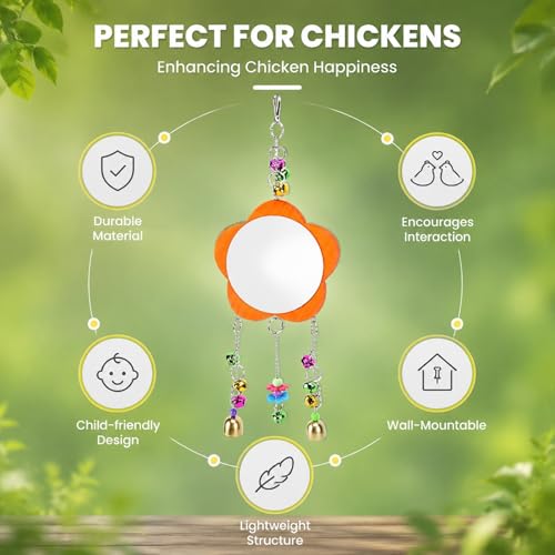 Pet Chicken Mirror Toy with Bells, 5.3 Inch Mirror, 18.9 Inch Chain - Durable, Broken, Stimulates Play and Communication for Pets